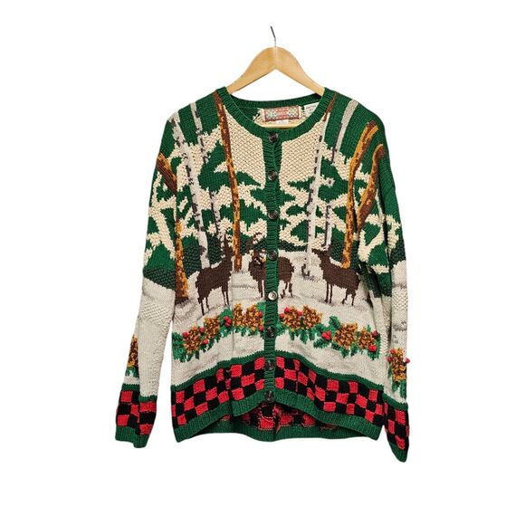 RARE Vintage Cardigan Bay Forest Woods Stag Deer Button Front‎ XL Hand Knitted - Picture 1 of 6